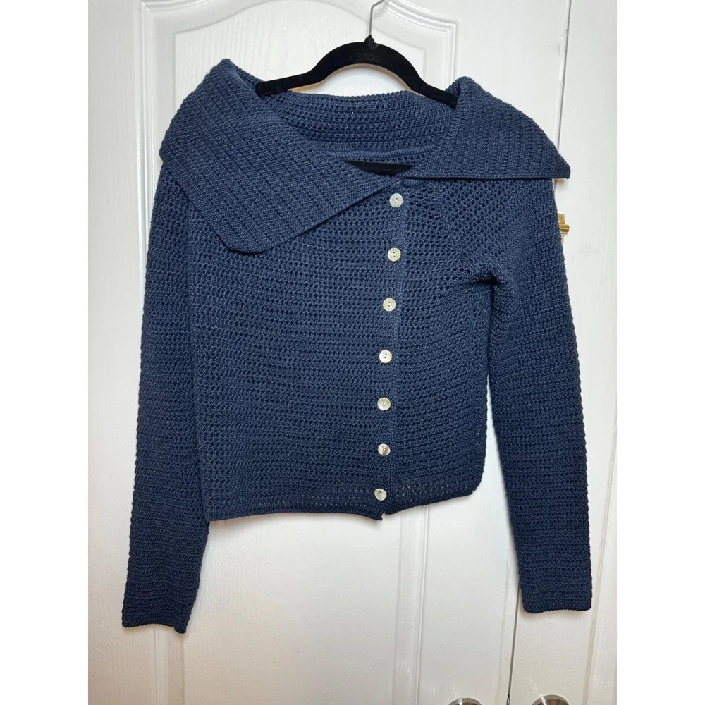Commense Navy Blue Crochet Knit Asymmetrical Button Off Shoulder Cardiga